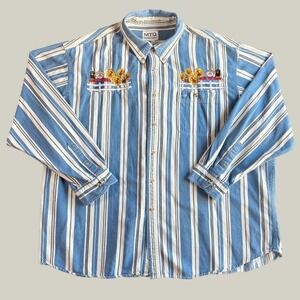MTO Women Shirt 3X Blue Embroidered Novelty Fall Scarecrow Sunflower Cottagecore